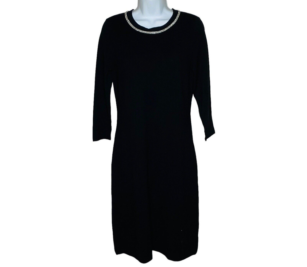 Talbots Sweater Dress Size S Black Knit Sheath Rhinestones Dressy Holiday